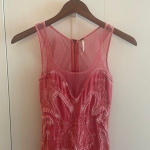 Free People Mesh/Beaded Mini Dress in Coral/Pink and White